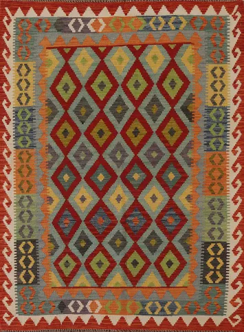 Geometric Kilim Reversible Wool Area Rug 5x6