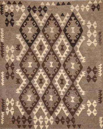 Brown Wool Kilim Geometric Area Rug 5x6