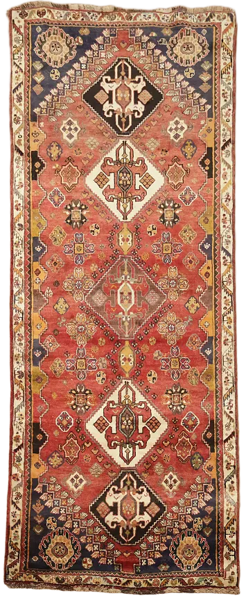 Traditional Geometric Design Wool Rug in Earthy Red and Blue Hues 3x8