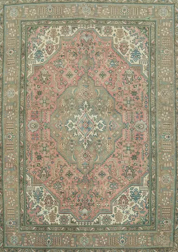 Vintage Persian Rug with Intricate Floral Patterns and Muted Pink Colors 9' 4'' X 6' 7''