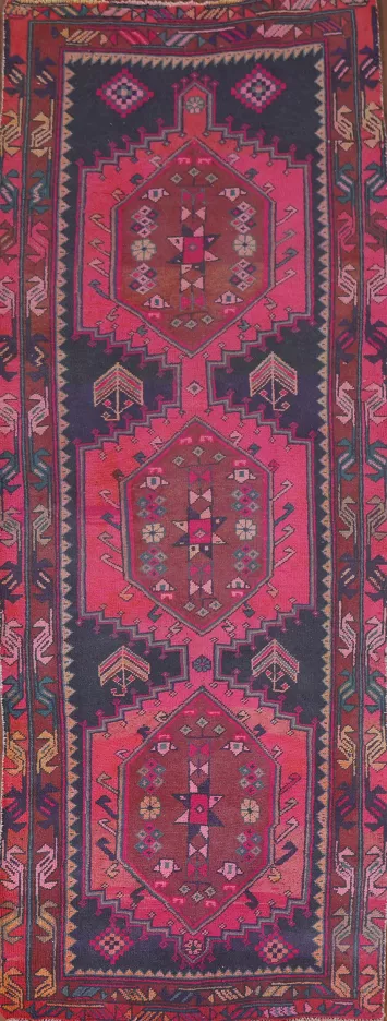 Navy Blue & Fuchsia Ardebil Persian Runner Rug 4x12