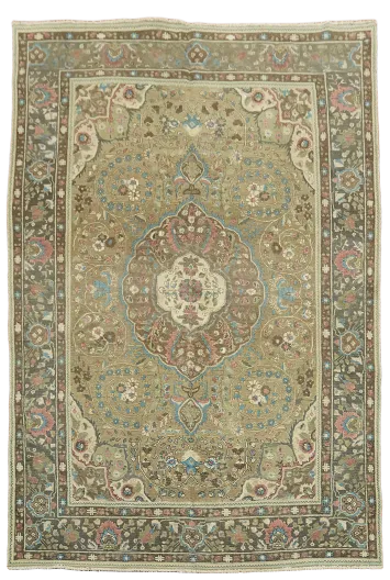 Vintage Persian Green Tabriz Rug with Intricate Floral Patterns 6'x9'