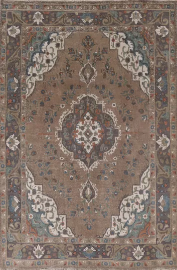 Brown Distressed Tabriz Persian Area Rug 7x10