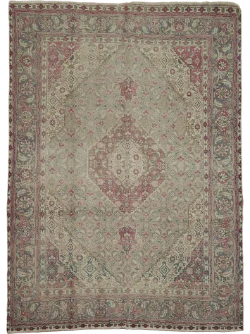 Vintage Geometric Grey and Pink Distressed Tabriz Persian Rug 8x11