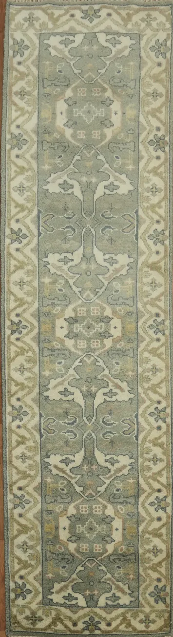 Green Hallway Runner Rug with Soft Earth Tones and Motifs 3x10