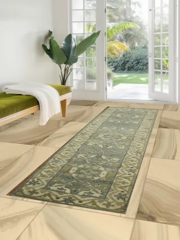 Green Hallway Runner Rug with Soft Earth Tones and Motifs 3x10