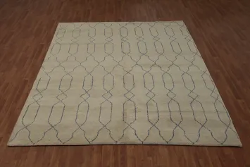 Natural Tone Moroccan Area Rug 8x10 with Chic Geometric Blue Accents