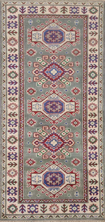 Green Handmade Kazak Wool Rug 3x6