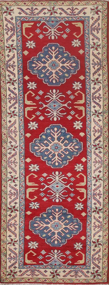 Red Geometric Kazak Oriental Runner Rug 3x8