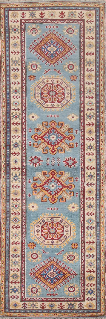 Light Blue Kazak Geometric Runner Rug 3x9