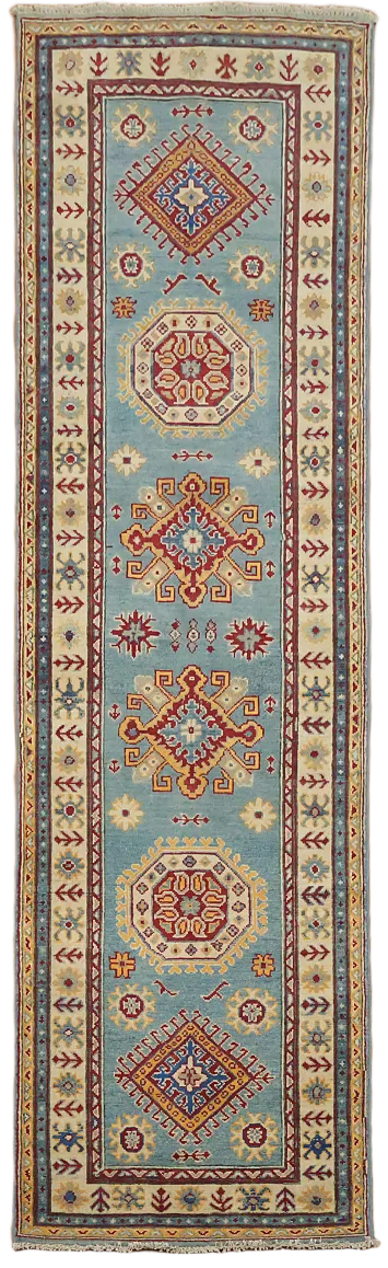 Light Blue Kazak Geometric Runner Rug 3x9