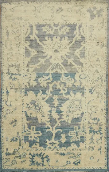 Blue Floral Oushak Vegetable Dye Area Rug 3x5