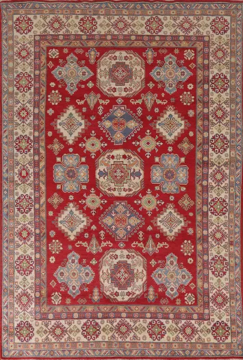 Red Geometric Kazak Oriental Area Rug 7x10
