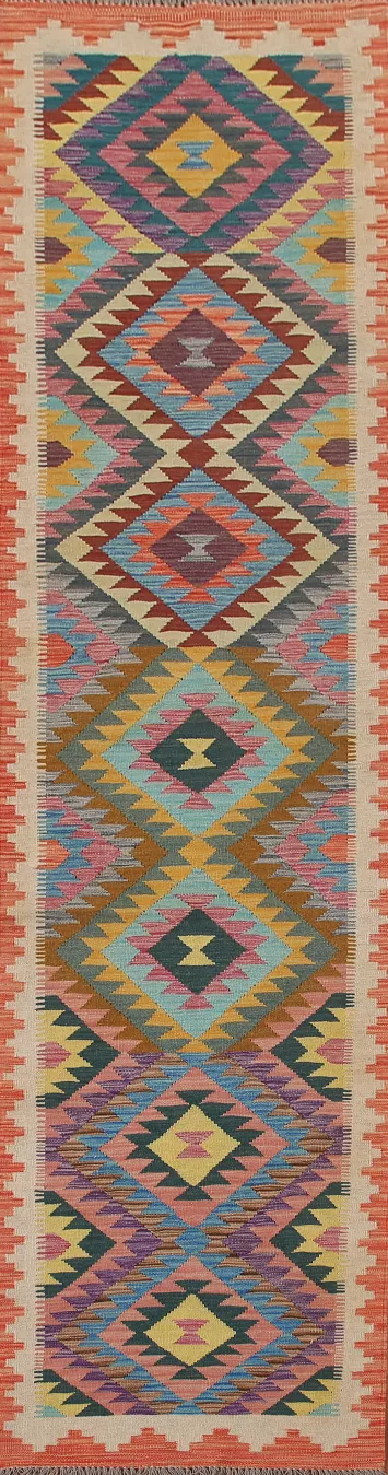 Multicolor Kilim Reversible Wool Runner Rug 3x13