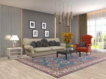 Blue Geometric Kazak Oriental Area Rug 7x10