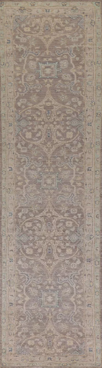 Brown Floral Oushak Vegetable Dye Runner Rug 2x12