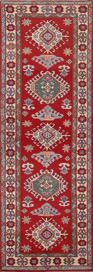 Geometric Red Kazak Oriental Runner Rug 3x10