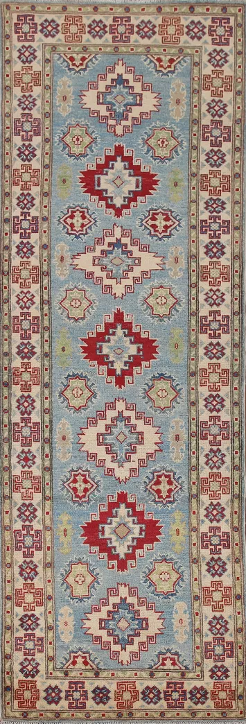Light Blue Kazak Wool Runner Rug 3x9