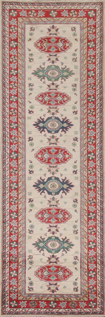 Ivory Wool Kazak Oriental Runner Rug 3x10