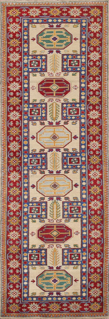 Geometric Kazak Oriental Runner Rug 3x10