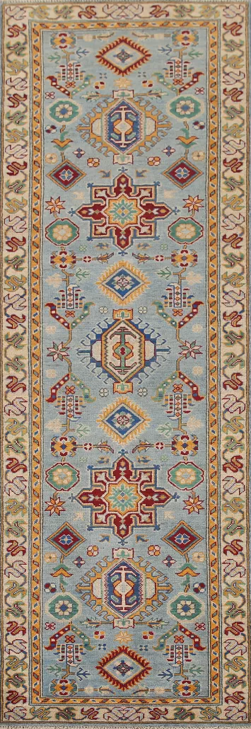 Light Blue Kazak Oriental Runner Rug 3x10