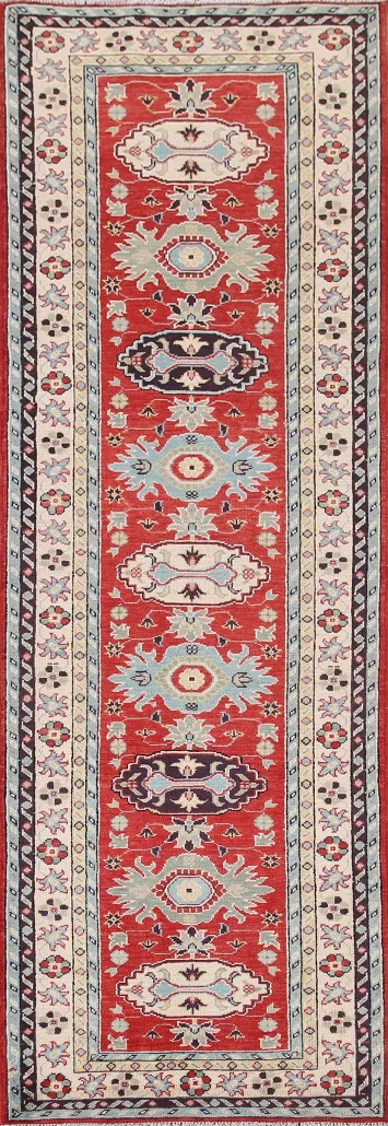 Geometric Red Kazak Wool Runner Rug 3x10
