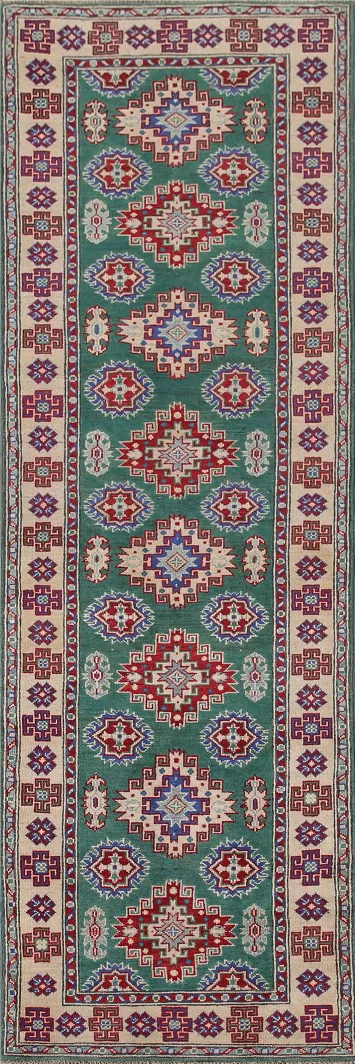 Green Geometric Kazak Wool Runner Rug 3x10