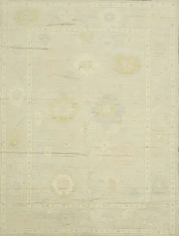 Vegetable Dye Pale Green Oushak Turkish Rug with Soft Pastel Floral Design 9x12 ft