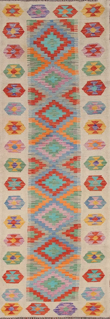 Multicolor Kilim Reversible Wool Runner Rug 3x10