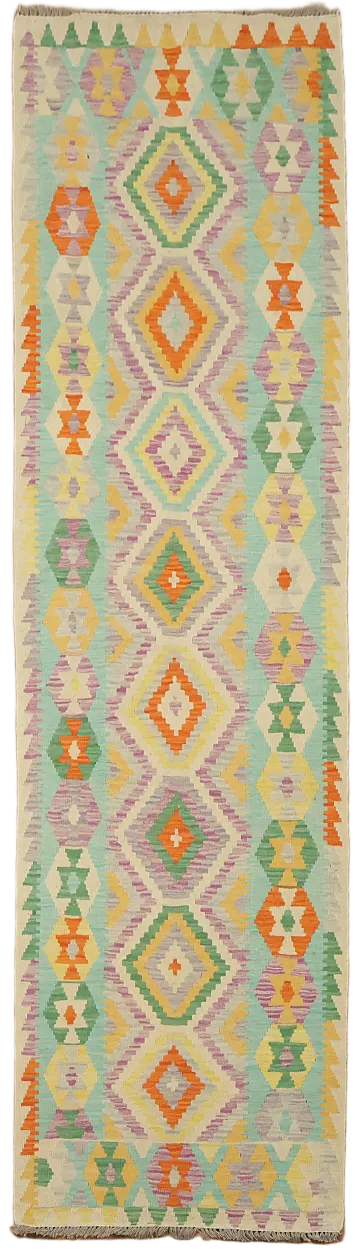 Geometric Kilim Wool Runner Rug 3x10