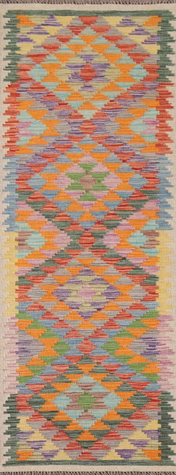 Geometric Kilim Reversible Wool Runner Rug 2x7