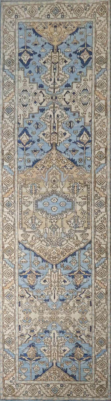 Vegetable Dye Blue and Beige Heriz Serapi Runner Rug Featuring Traditional Style 3x11 ft