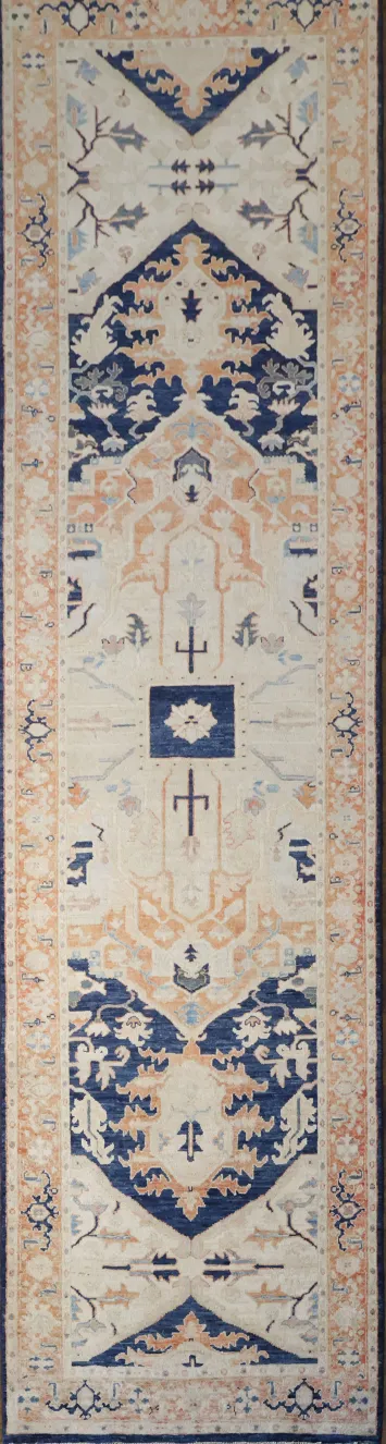 Traditional Navy Blue and Rust Heriz Serapi Runner Rug 3x11 ft
