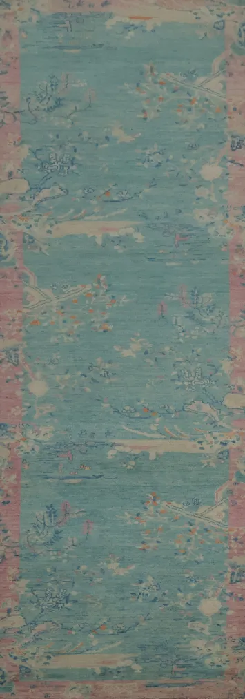 Blue and Pink Art Deco Chinese Runner Rug 3x12 Brings Artistic Flair