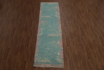 Blue and Pink Art Deco Chinese Runner Rug 3x12 Brings Artistic Flair