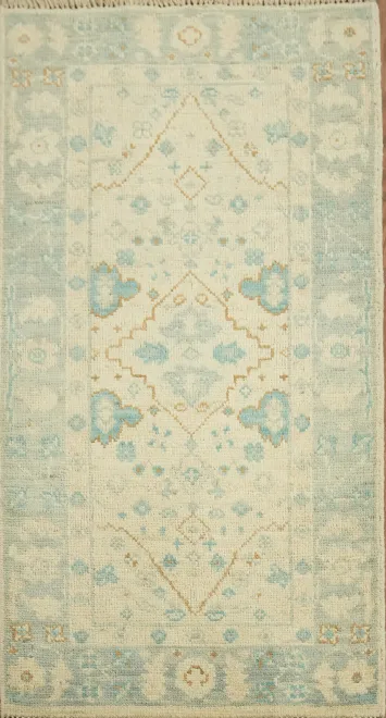 Traditional Blue Beige Floral Pattern Oushak Turkish Rug for Elegant Spaces 2x4 ft