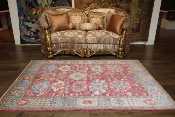 Vegetable Dye Ziegler Raspberry Red and Blue Area Rug 5x7