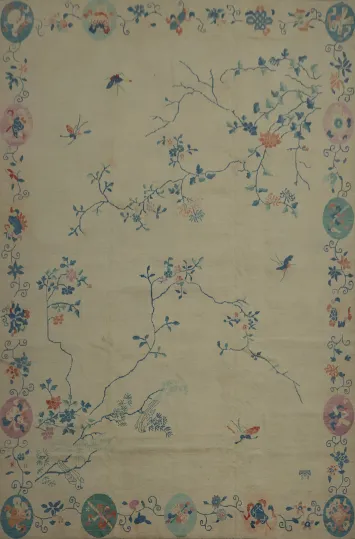 Floral Art Deco Vegetable Dye Large Rug 12x15 with Classical Bird Accents