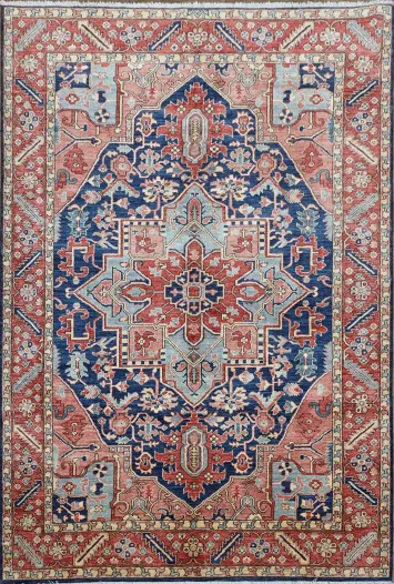 Vegetable Dye Heriz Serapi Geometric Blue Pink Red Area Rug 6x9