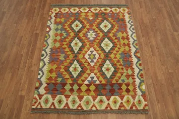 Handwoven Colorful Kilim Flat-Weave Rug with Diamonds in Earthy Tones 5x6