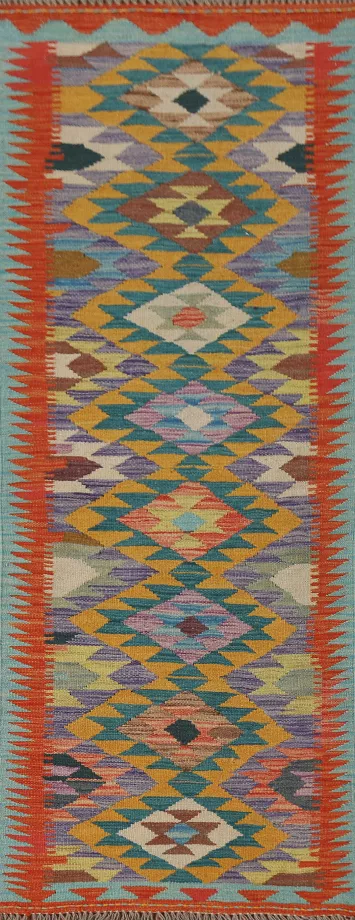 Geometric Kilim Oriental Wool Runner Rug 2x7
