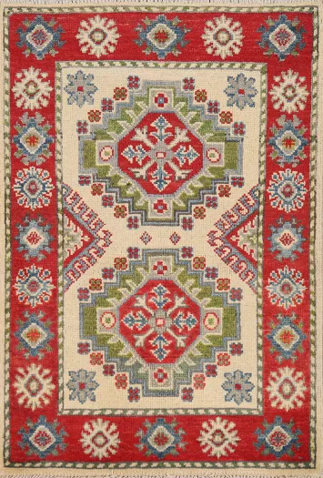 Ivory & Red Geometric Kazak Oriental Foyer Rug 2x3