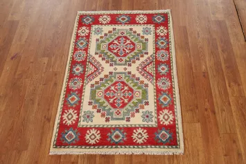 Ivory & Red Geometric Kazak Oriental Foyer Rug 2x3