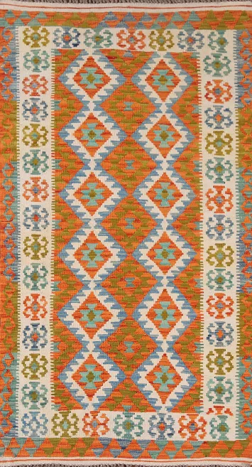 Geometric Kilim Reversible Wool Runner Rug 3x7