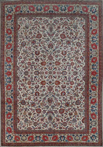 Antique All-Over Ivory and Red Kashan Persian Area Rug 8x11
