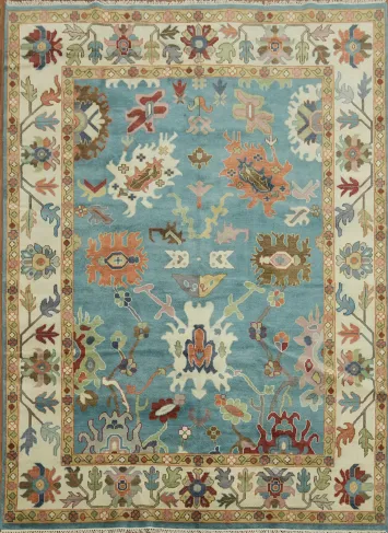 Vibrant Colorblock Blue Oushak Area Rug with Intricate Patterns for Living Room 9x12