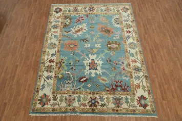 Vibrant Colorblock Blue Oushak Area Rug with Intricate Patterns for Living Room 9x12