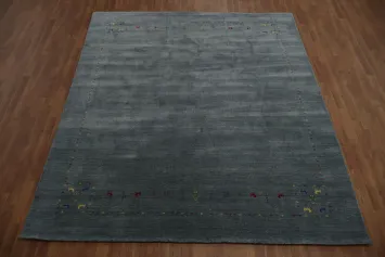 Modern Blue Gabbeh Area Rug with Minimalist Decorative Touches 8x9