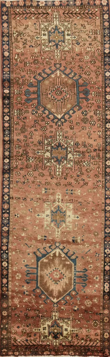 Vintage Authentic Persian wool Gharajeh Runner Rug with geometric patterns 3x11