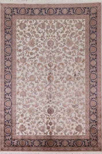 Ivory Floral Silk Tabriz Traditional Area Rug 7x10